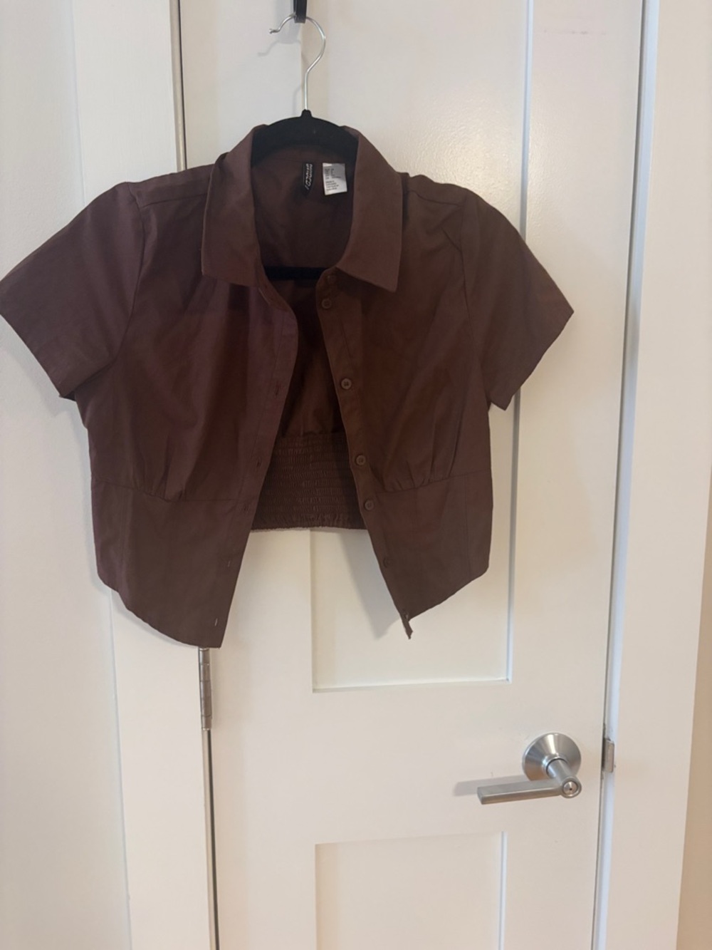 Divided Brown Short-Sleeve Cropped Button-Up Top